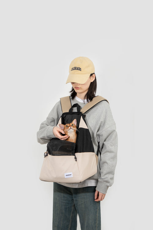 Person holding a cat with a beige backpack on a plain background