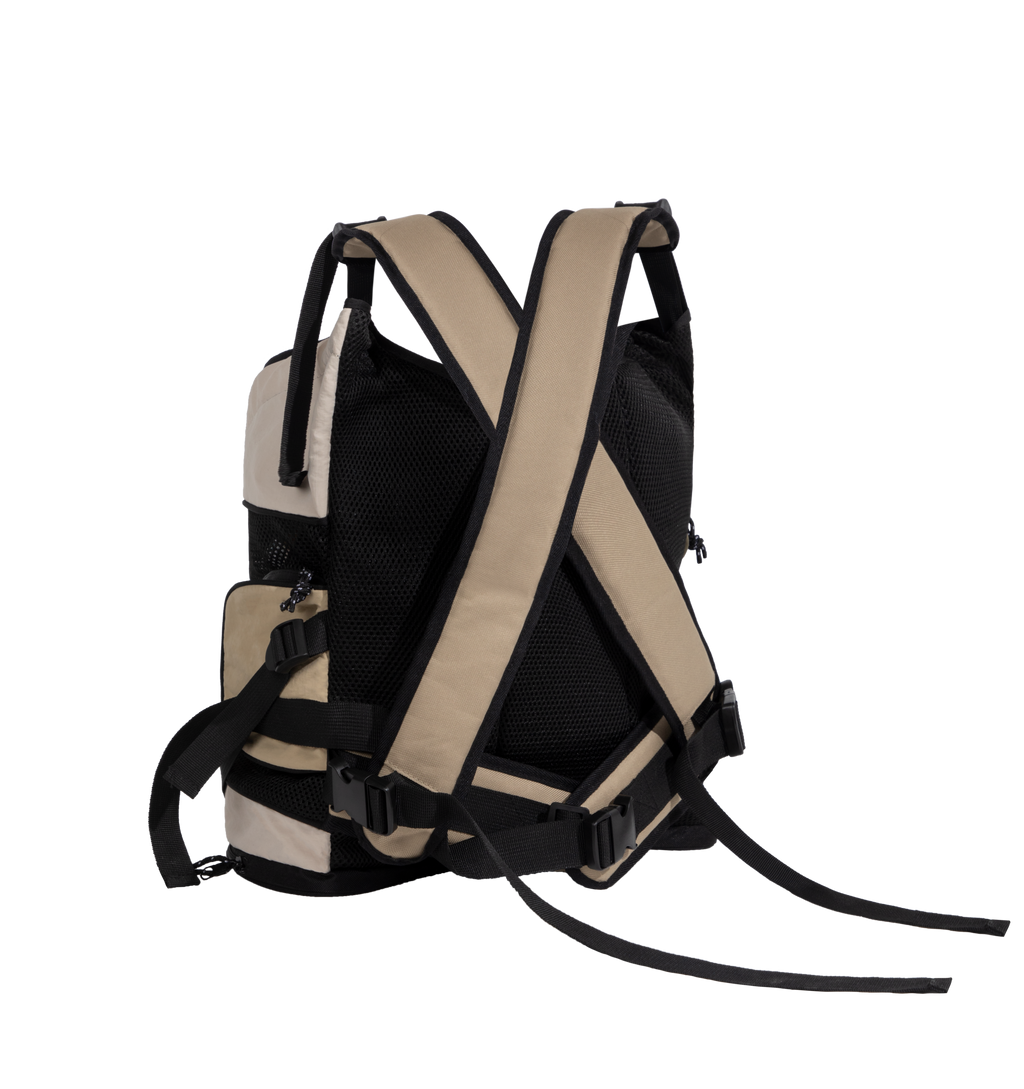 Black and beige backpack on a white background