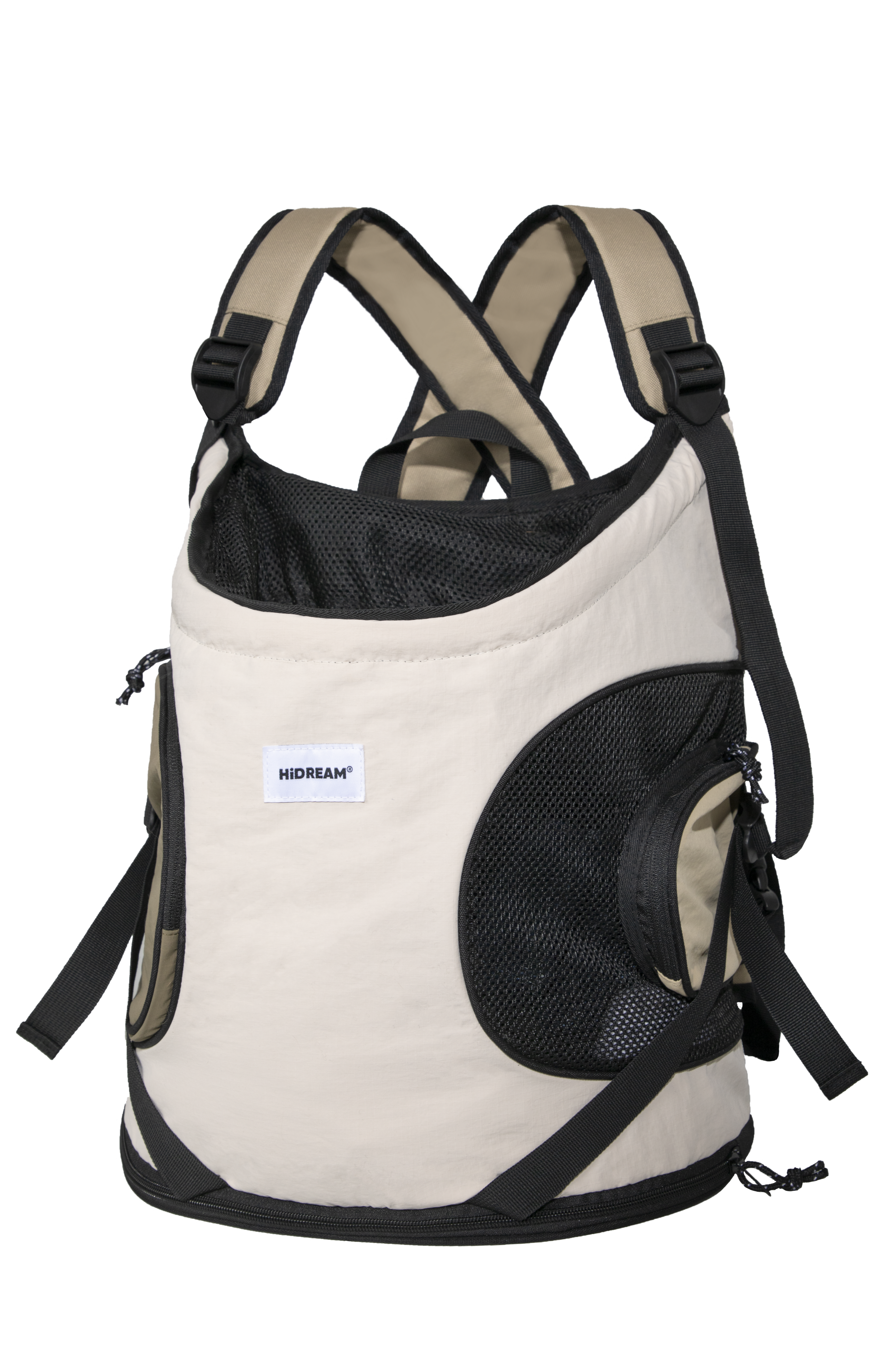 A pet carrier backpack by HiDREAM, featuring a cream-colored fabric body with black mesh panels and black straps, shown against a plain white background.
