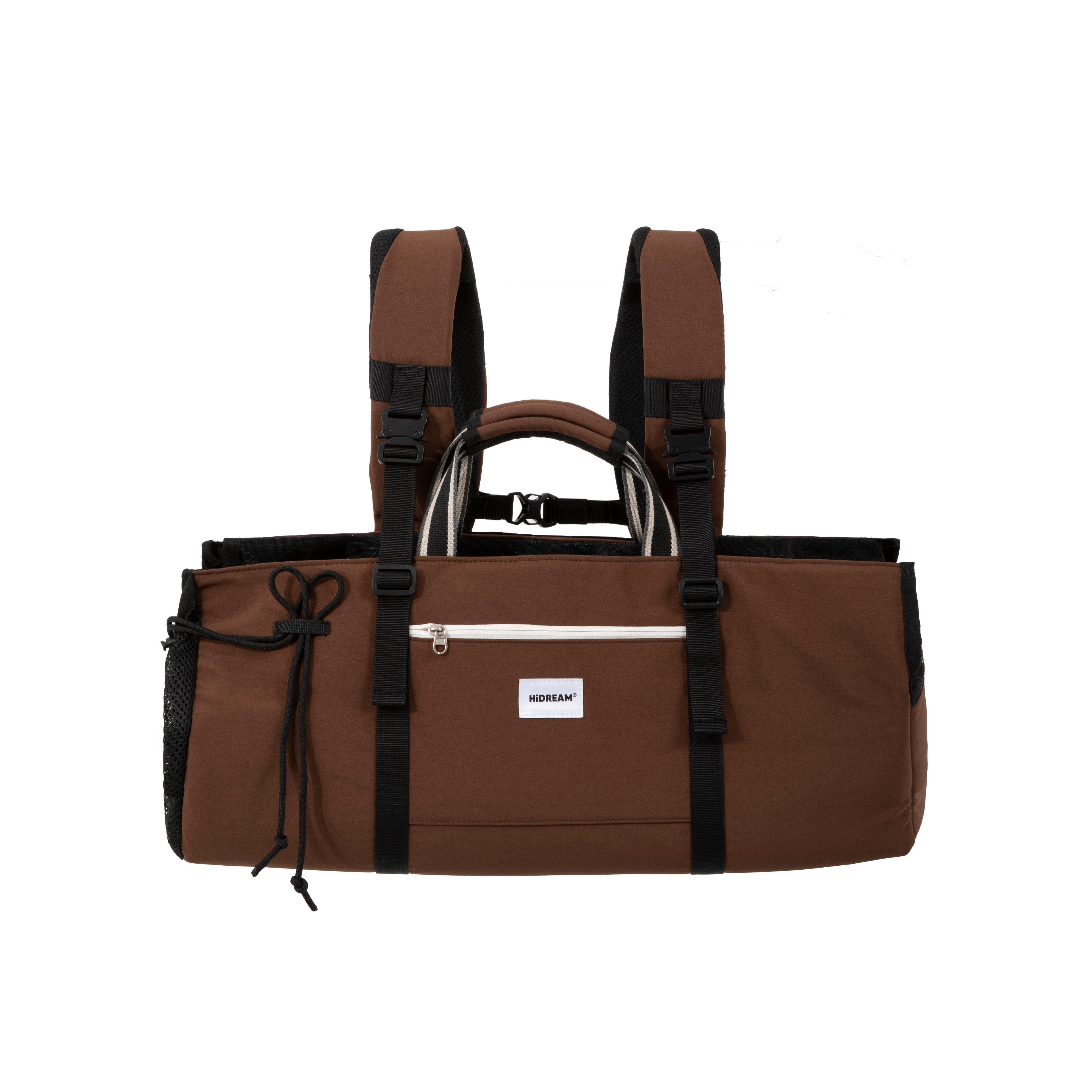 A brown Dachshund carrier backpack with black straps and buckles, featuring a top handle, shoulder straps, and a front zippered pocket with a white brand label.