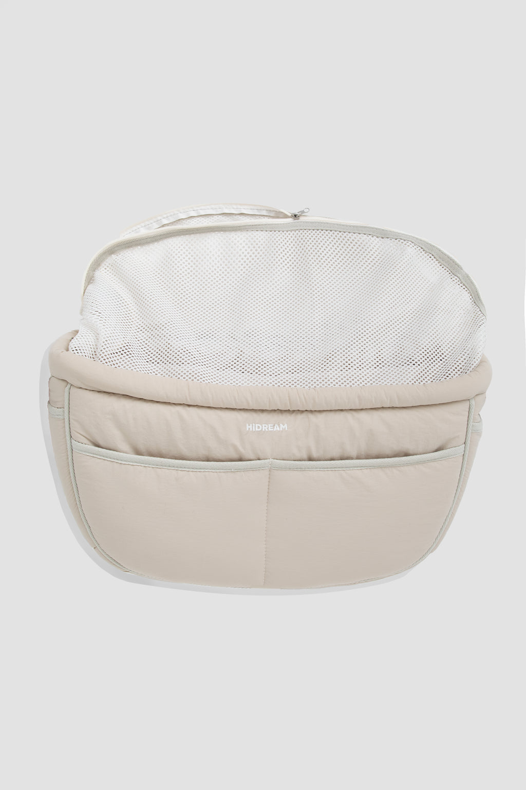 A beige padded organizer pouch with a zippered top and a white mesh interior, shown against a light gray background.