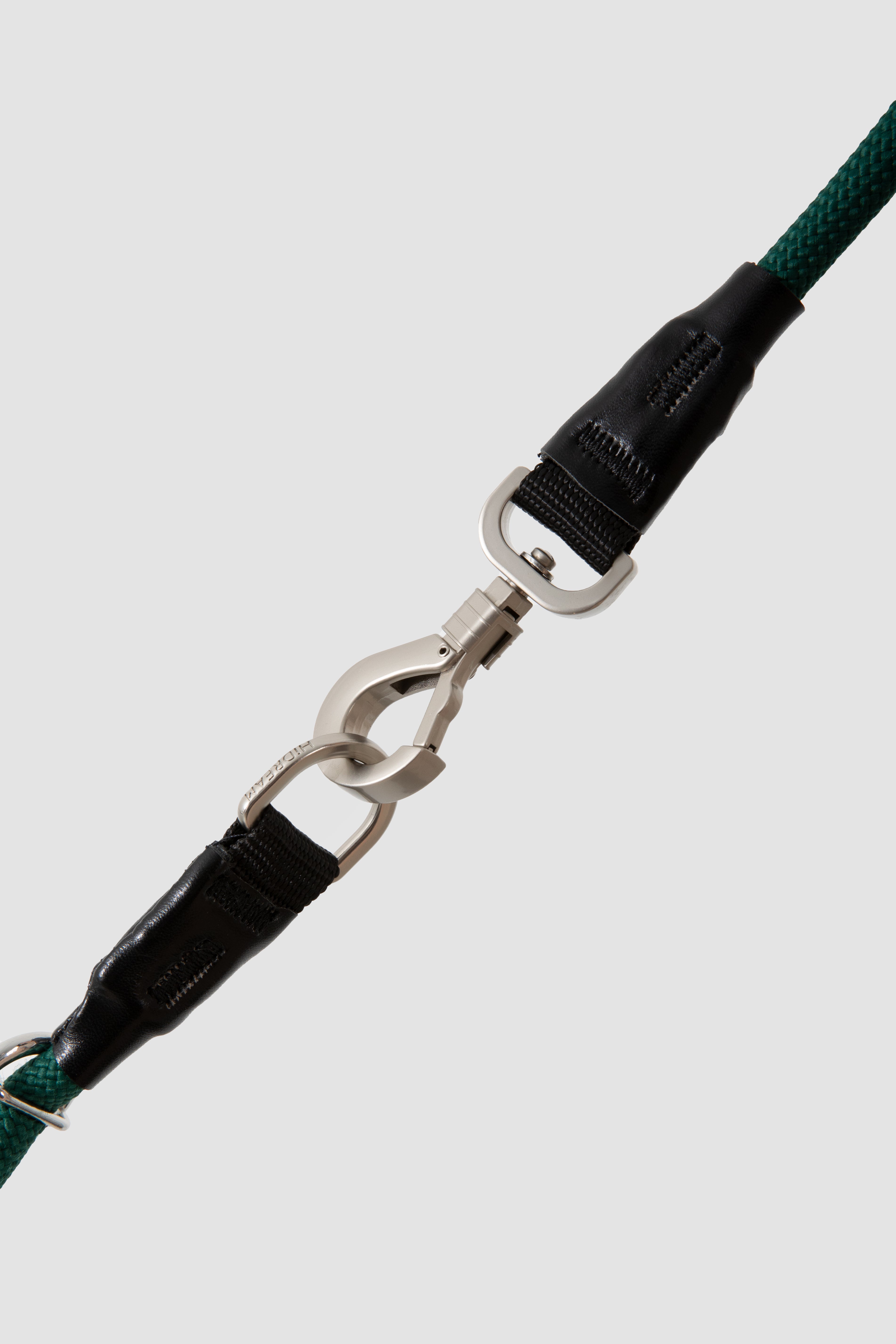 Dog leash with black and green design on a light gray background