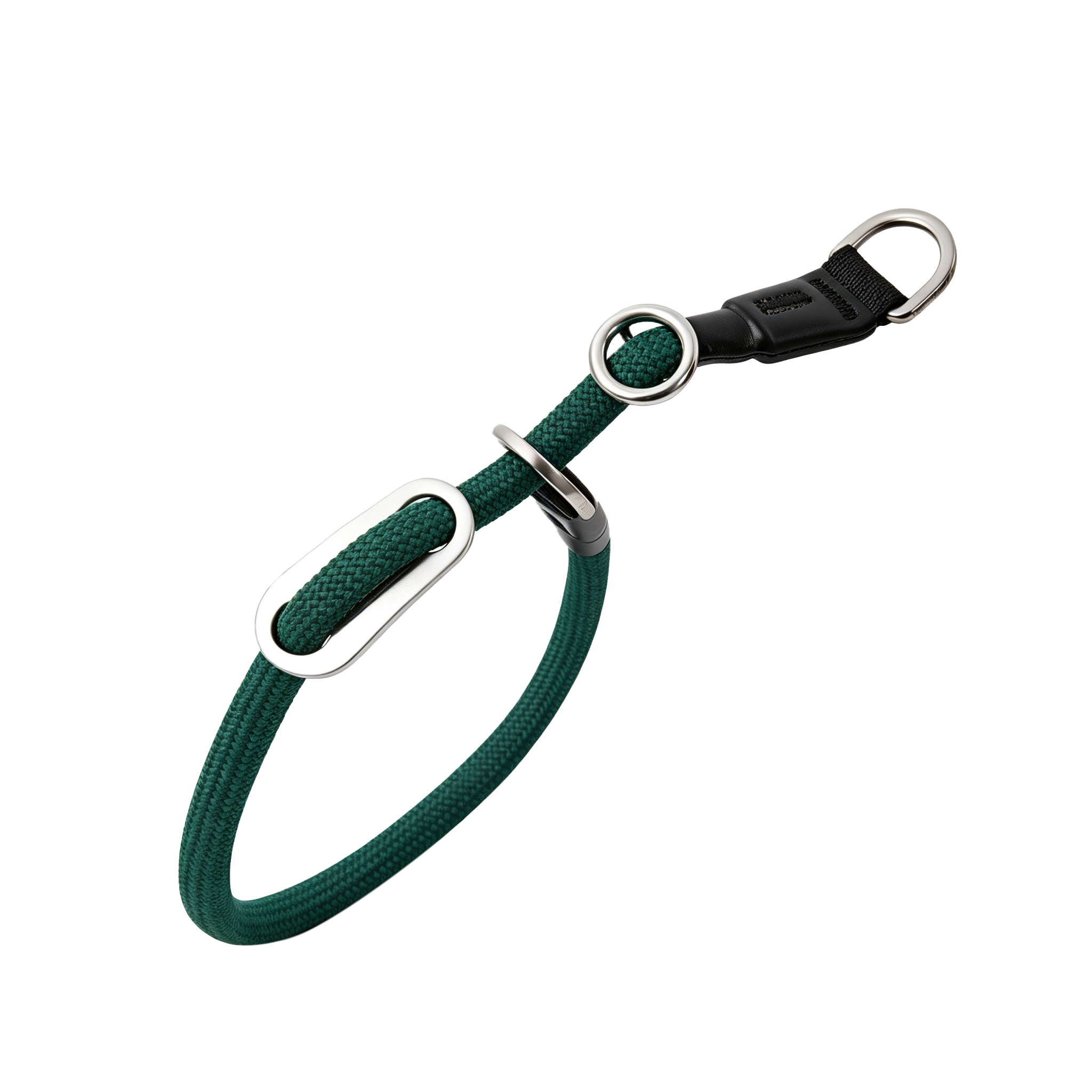 A dark green braided rope pet collar with silver metal hardware, including a D-ring, rings, and a black plastic clip, shown on a plain white background.