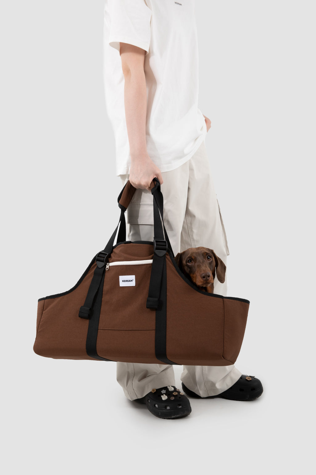 A person in a white t-shirt and light pants holds a brown pet carrier bag with a small brown dog peeking out from the side, against a light gray studio background.