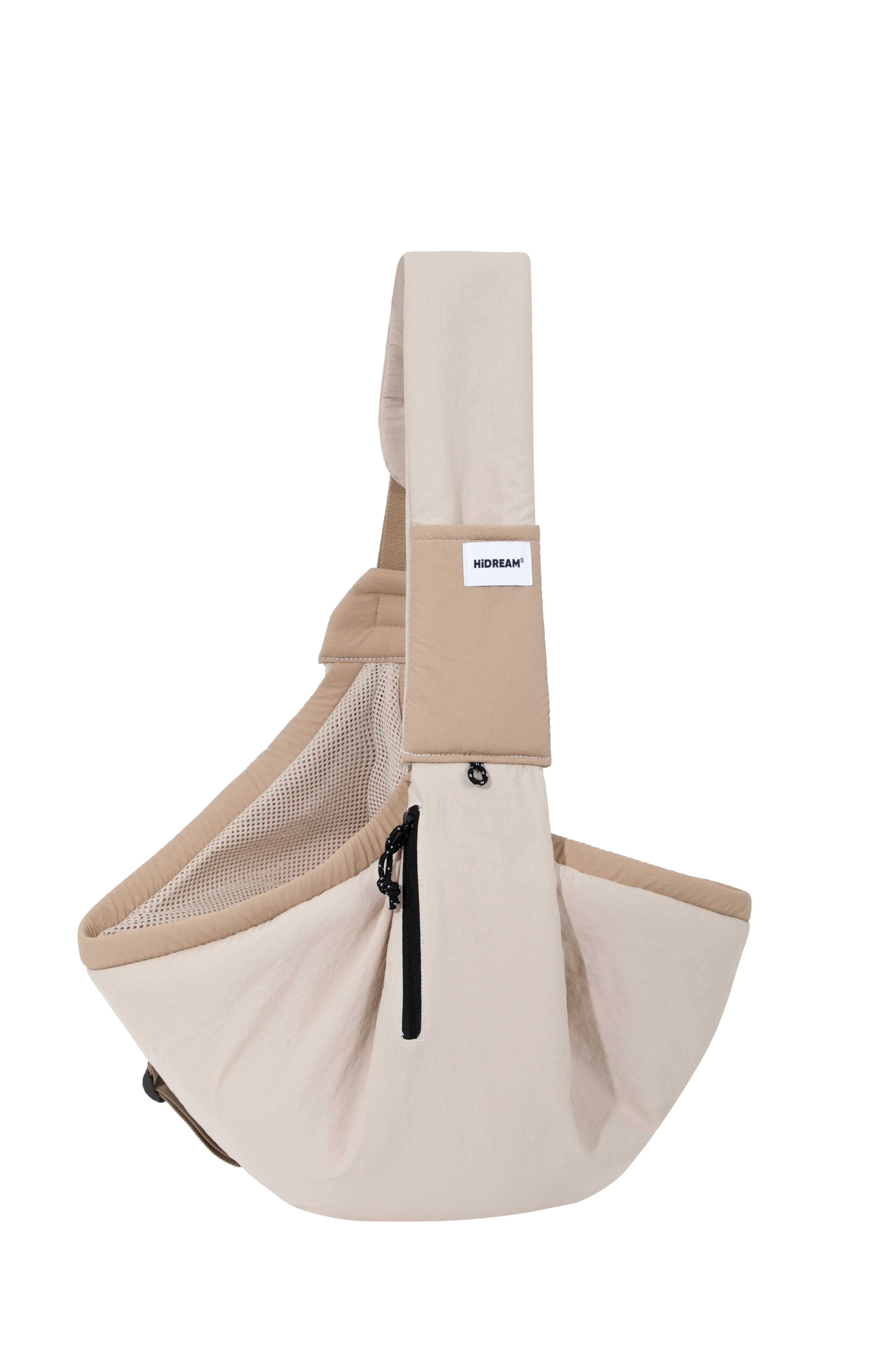 Beige pet sling carrier on a white background