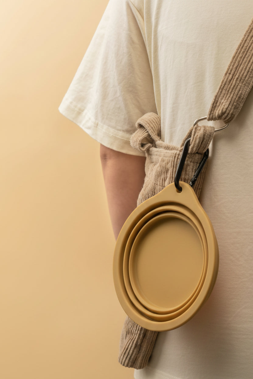 Khaki silicone travel mug attached to a beige strap over a person's shoulder against a beige background