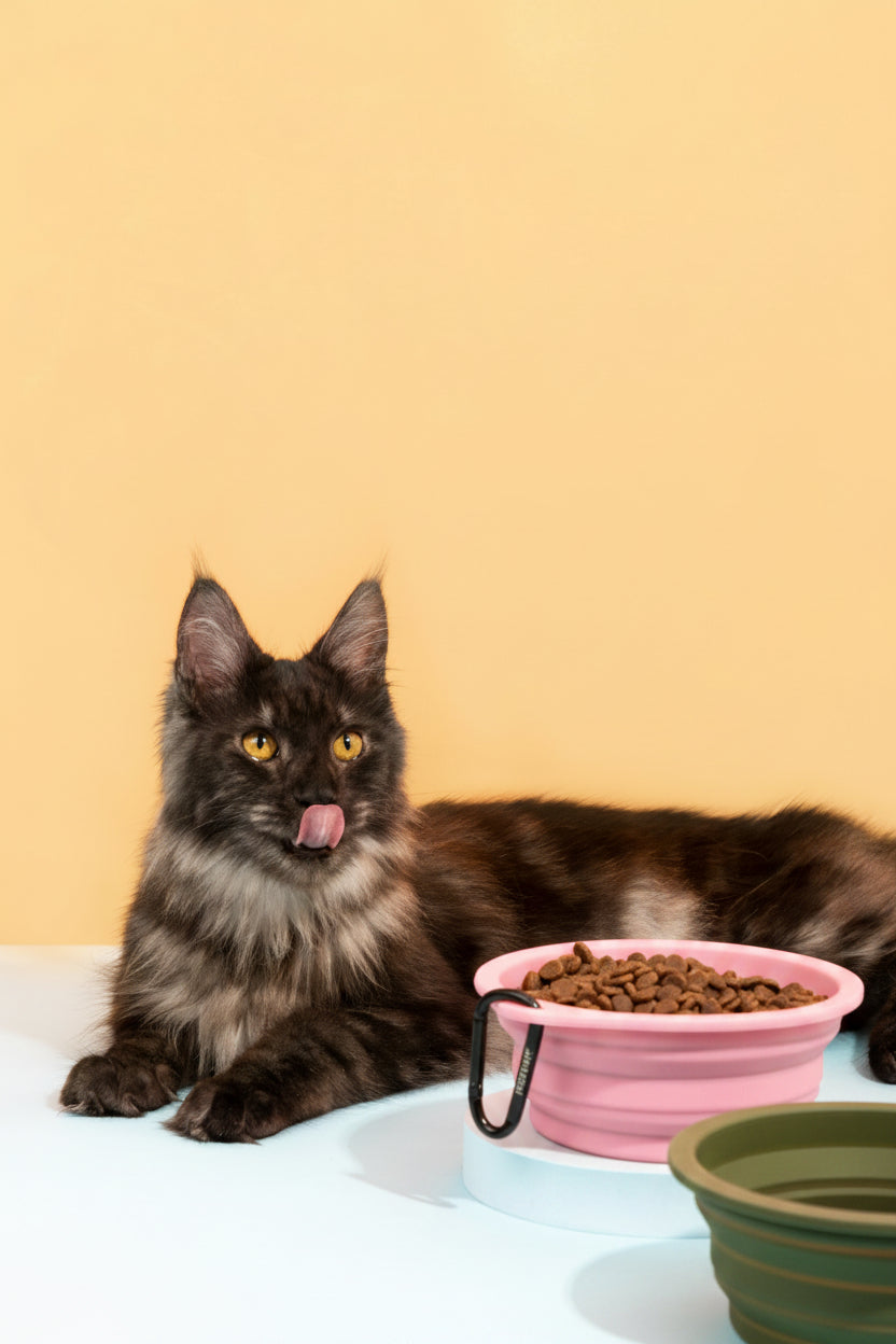 A fluffy dark tabby cat with yellow eyes lies on a white surface, licking its lips, with a pink collapsible cat food bowl and a green bowl in the foreground against a warm yellow background.