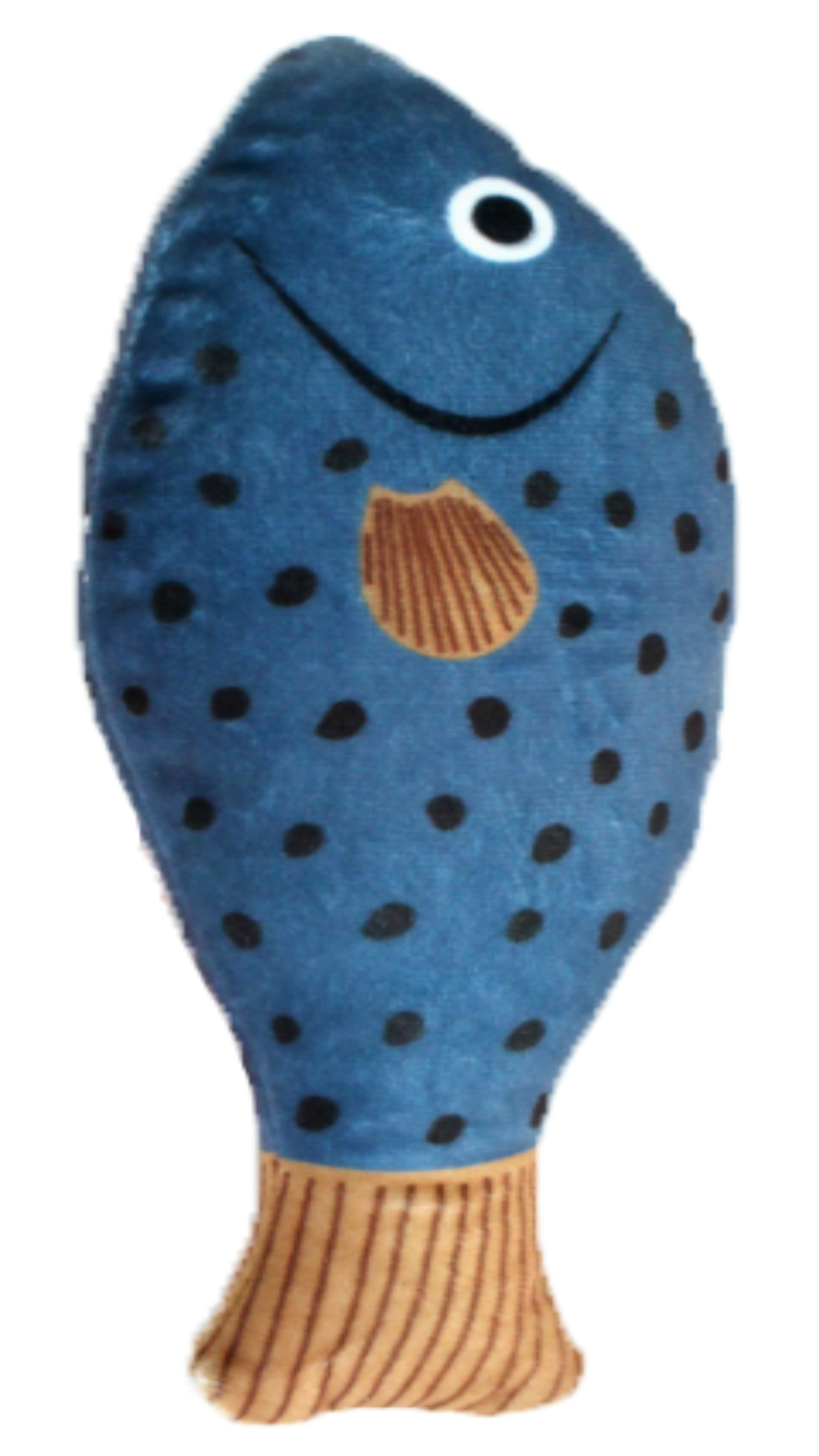 A plush toy fish made from blue denim fabric, decorated with black polka dots, a brown gill detail, and a brown striped tail, shown against a plain white background.