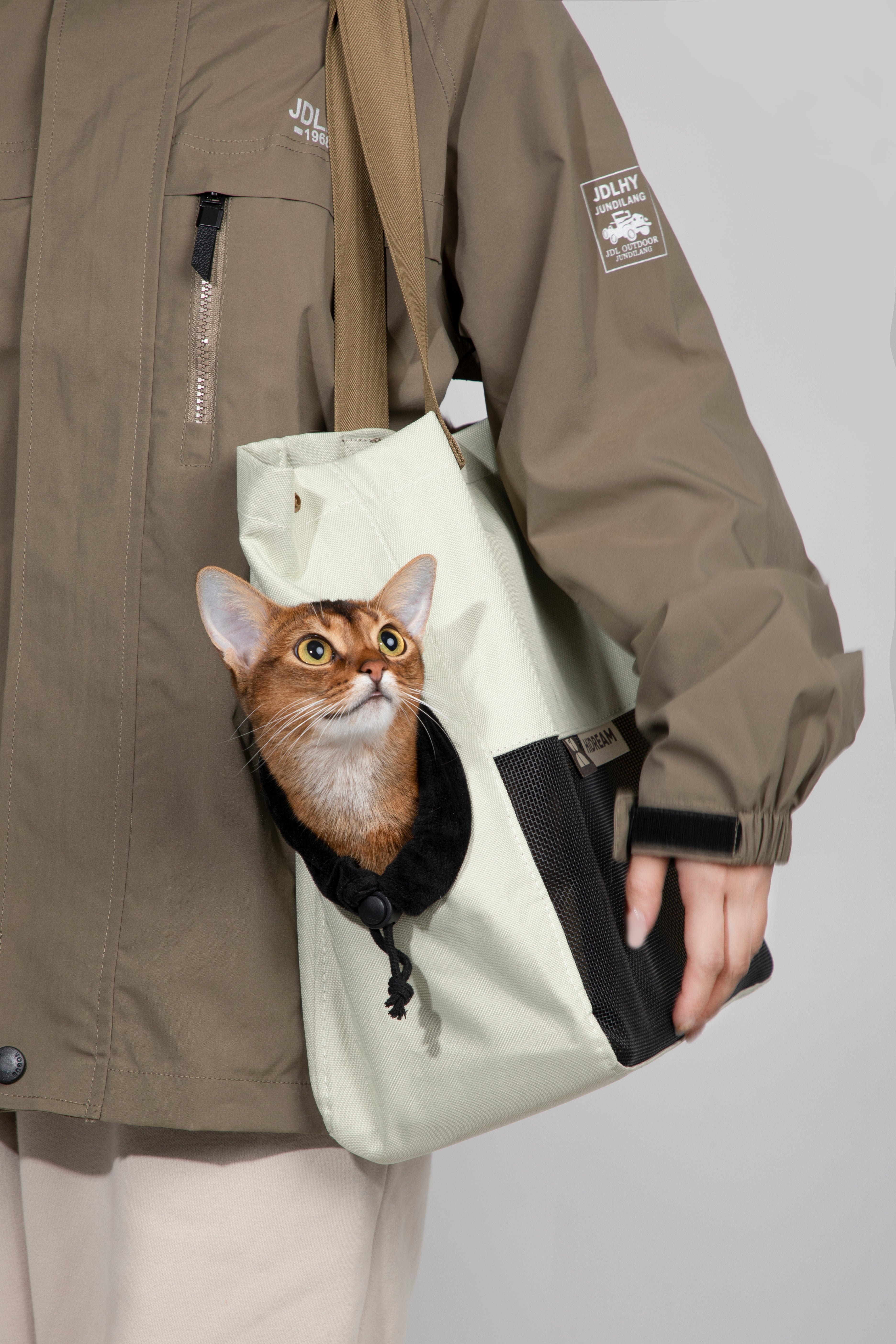 Person holding a light green tote bag with a cat peeking out, wearing a brown jacket.