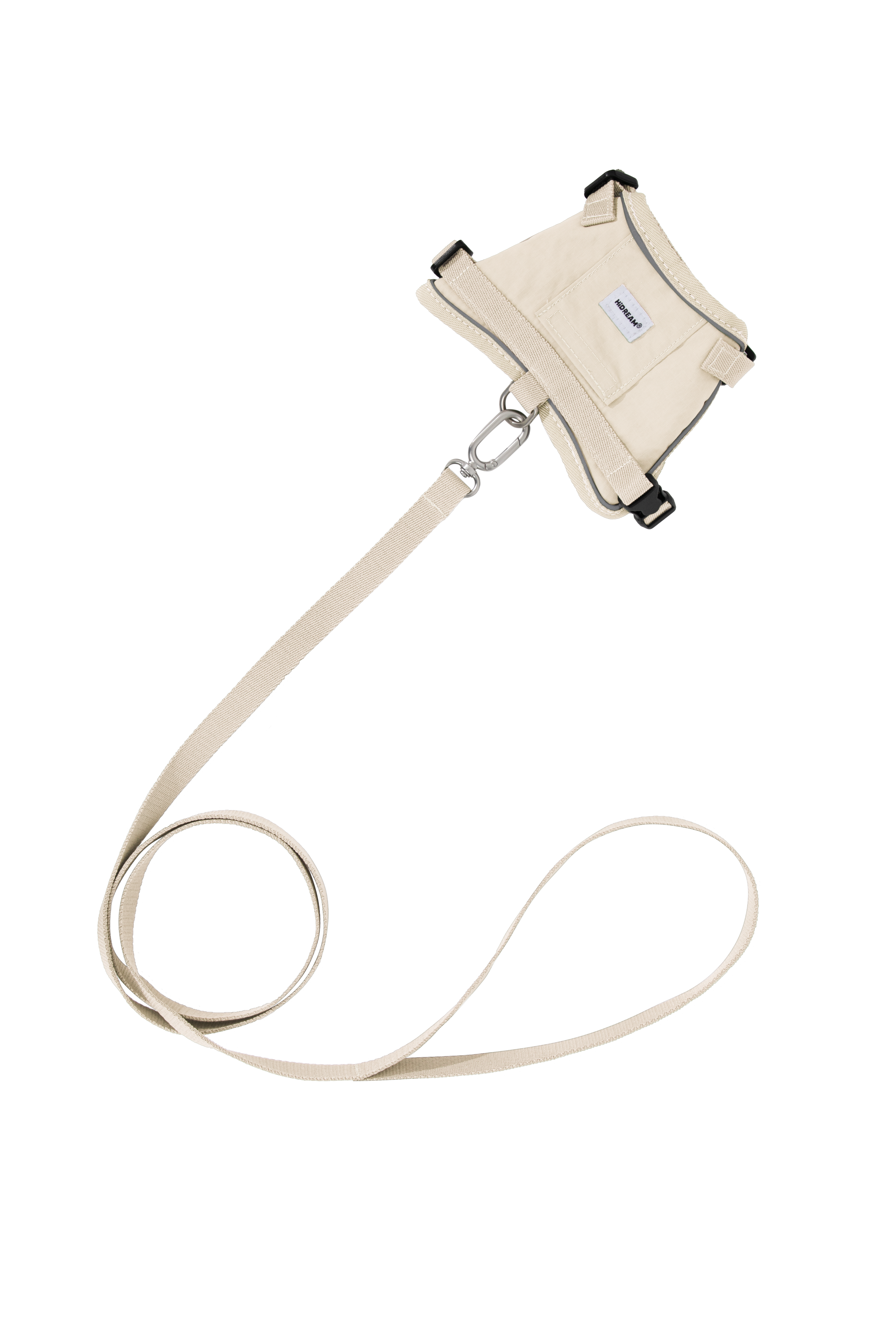 Beige cat harness with a strap on a white background