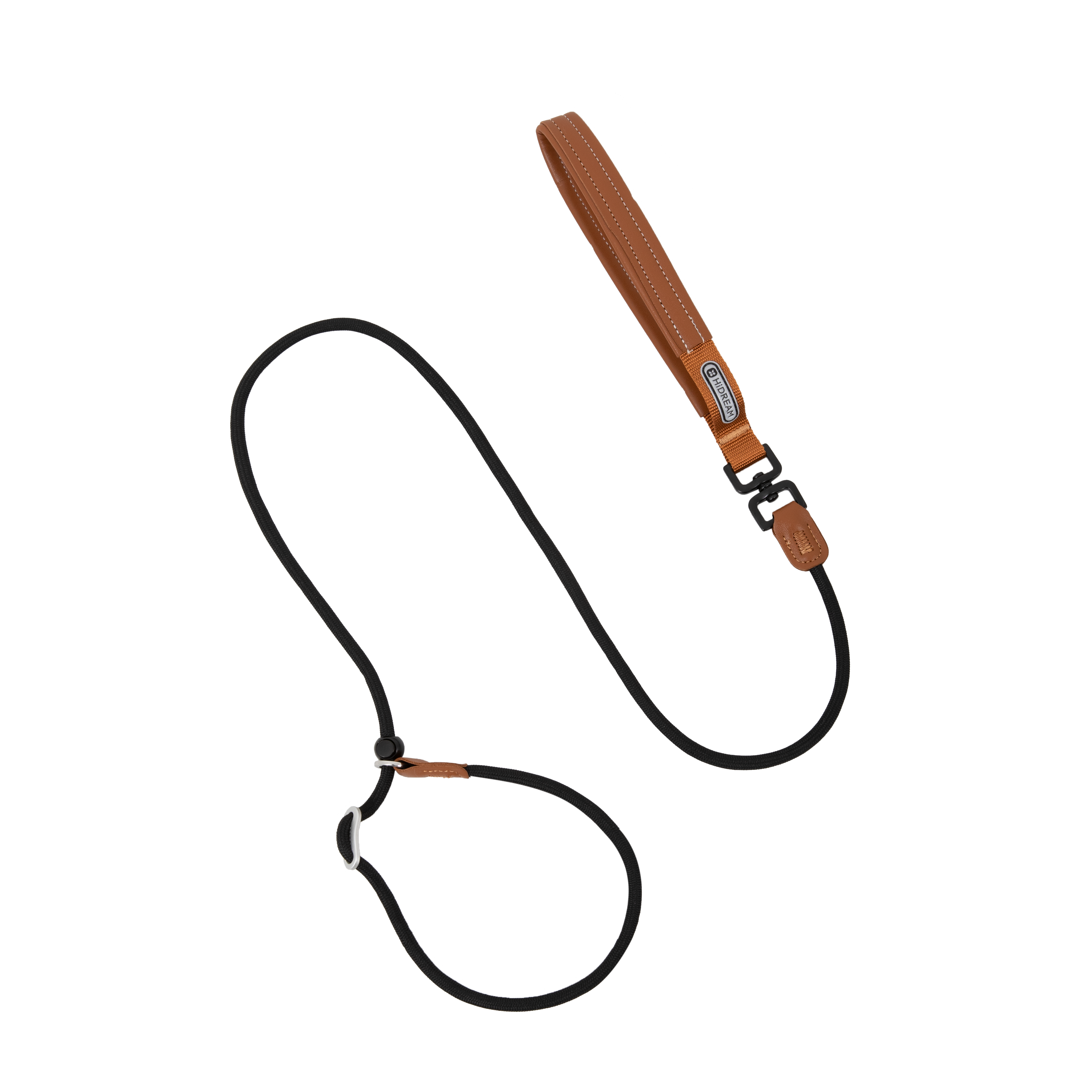 A black dog lead rope with a brown leather handle and matching brown leather connector, shown on a plain white background.