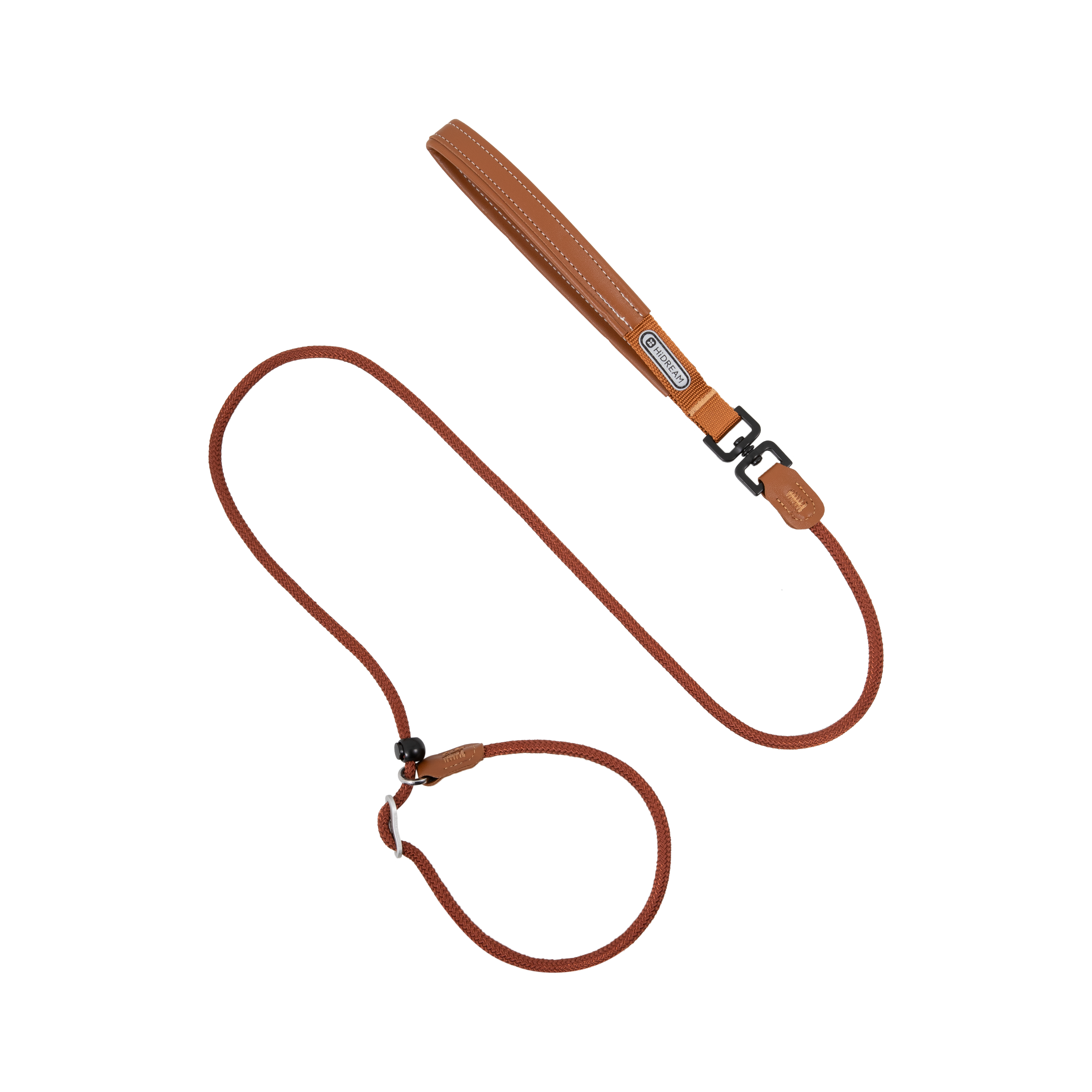 A brown leather dog leash with a matching loop handle and a black metal buckle, shown on a plain white background.