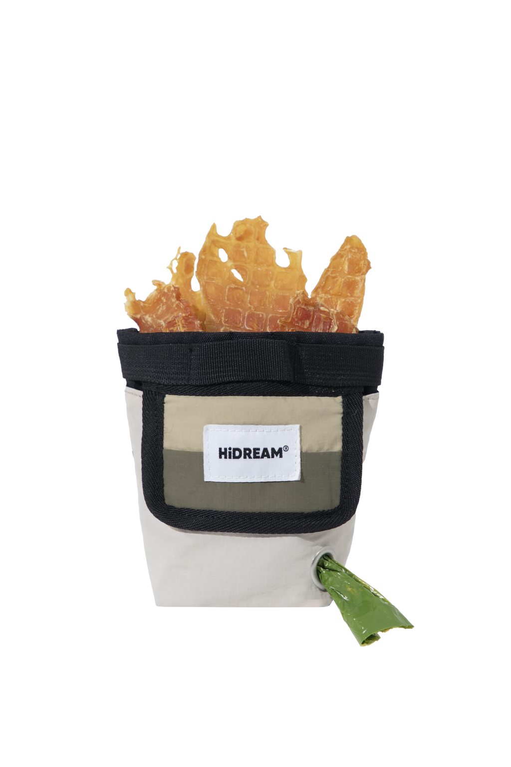 A Hidream honey pot with a beige and black fabric body, a white brand label on the front pocket, and honeycomb pieces visible at the top, set against a solid white background.