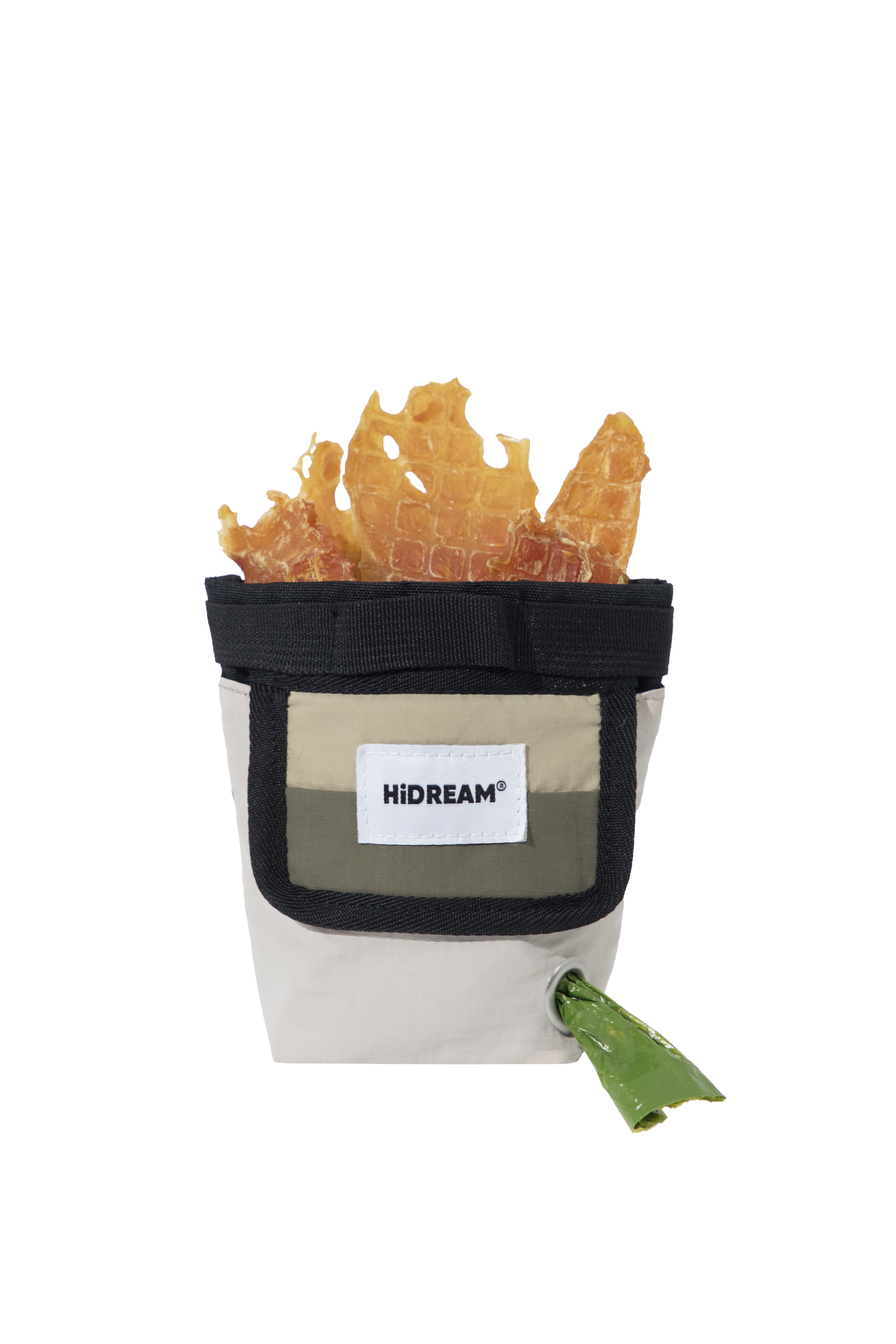 A Hidream honey pot with a beige and black fabric body, a white brand label on the front pocket, and honeycomb pieces visible at the top, set against a solid white background.