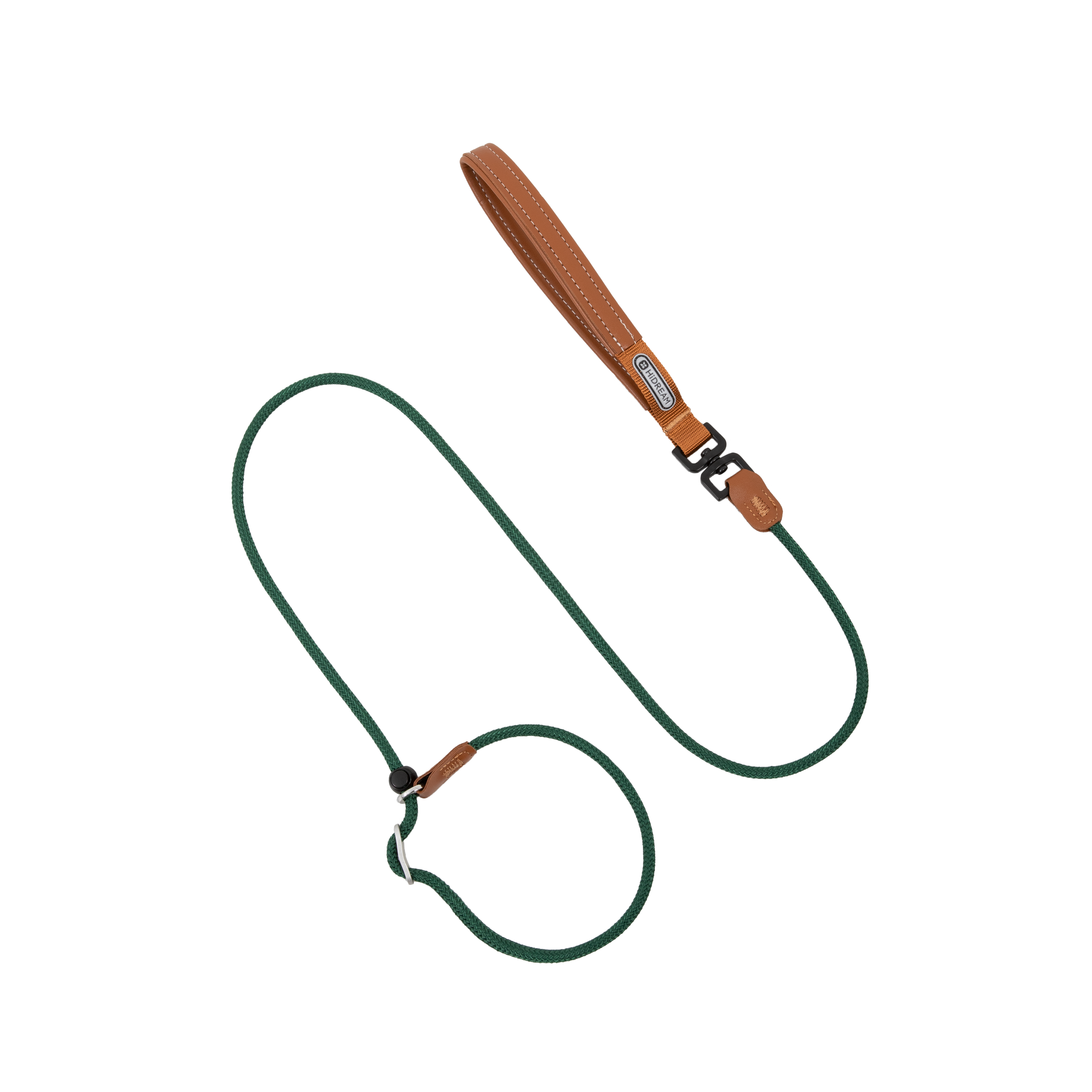 A dog leash featuring a dark green braided cord and tan leather accents, including a loop handle and metal hardware, shown on a plain white background.
