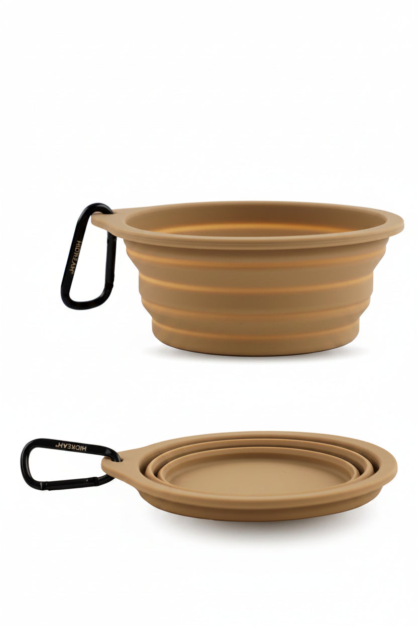 Collapsible tan bowls with carabiners on a white background, featuring the brand 'Hidream'.