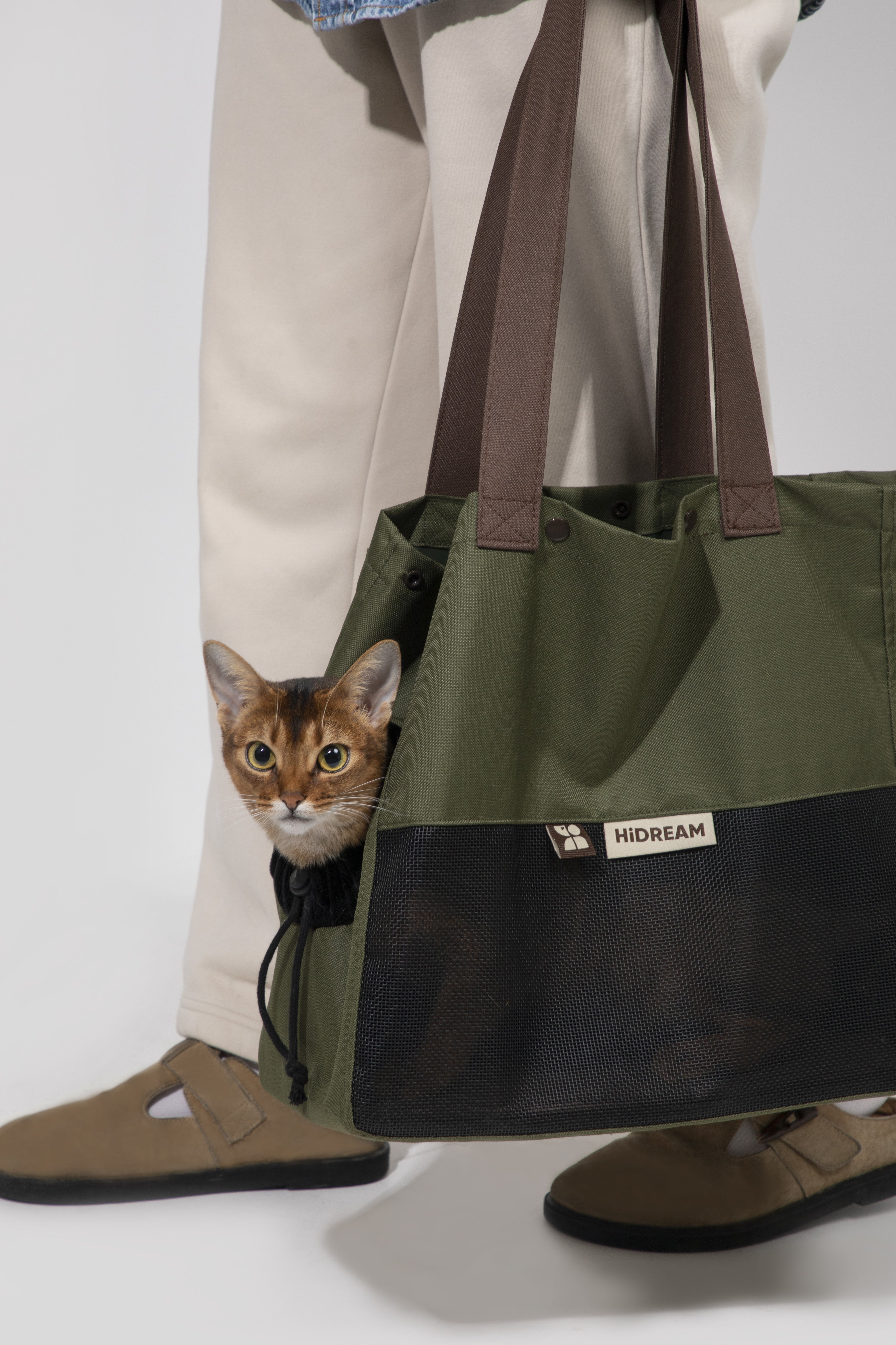 An matcha green and black pet tote bag with brown handles, shown being carried by a person wearing beige pants and brown slip-on shoes, with a small cat peeking out from the side of the bag. The bag has a visible HiDREAM brand label.