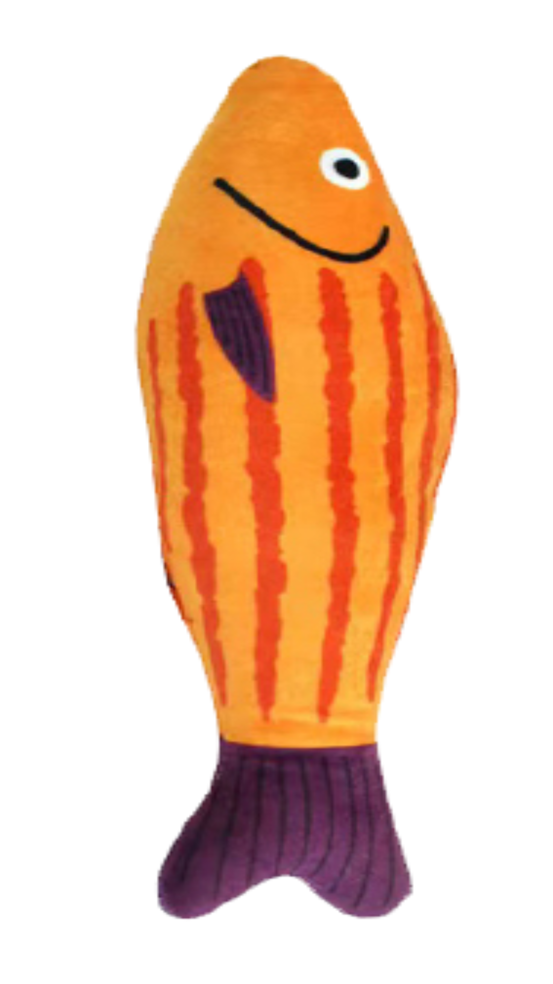 A plush toy fish with an orange body, red stripes, a purple tail, and a purple fin, shown on a plain white background.