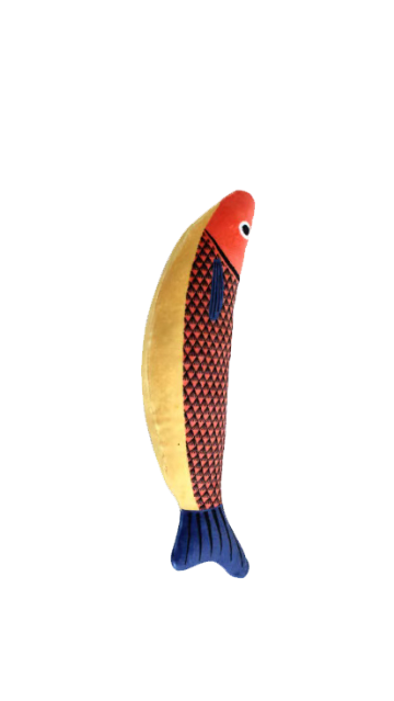 A fish-shaped plush toy with a red-orange head, a red-and-black patterned body, and a blue tail, shown on a plain white background.