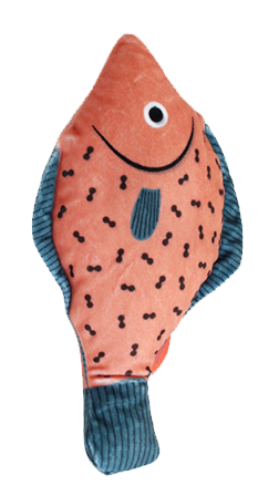 A plush fish-shaped dog toy with a salmon-pink body, black speckles, and dark blue striped fins and tail, isolated on a white background.