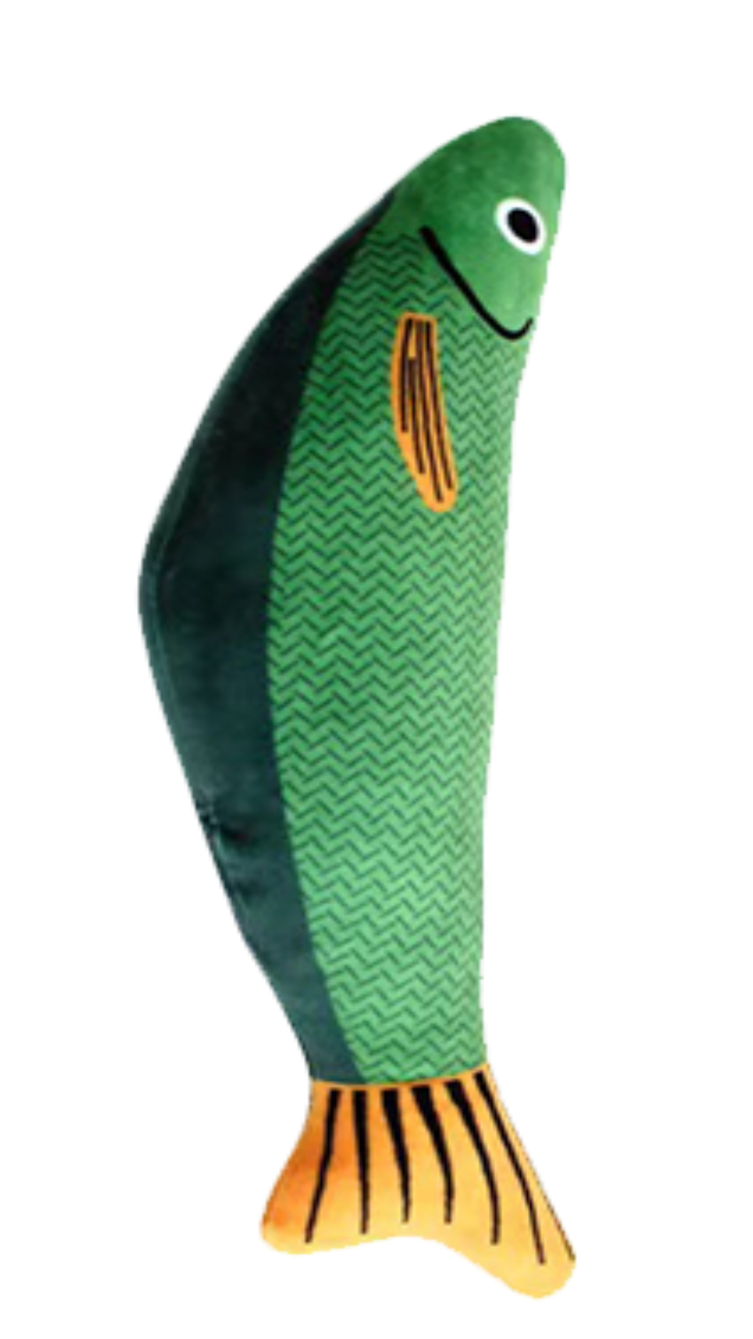 A plush fish-shaped pillow with a green and dark green body, orange accents on the fins and tail, and embroidered facial features, isolated on a white background.