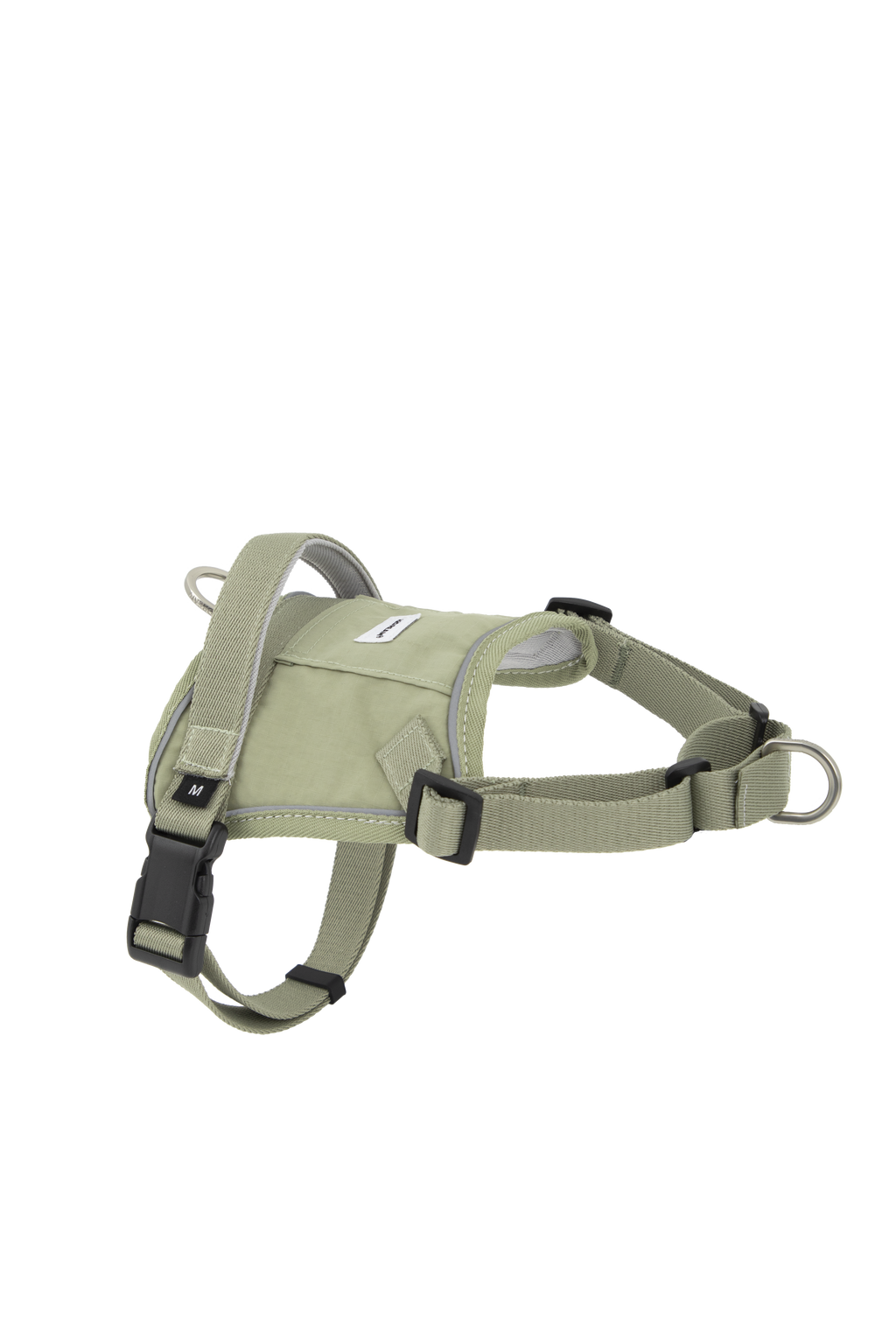 A sage green dog harness with black plastic buckles and silver metal rings, shown on a plain white background.
