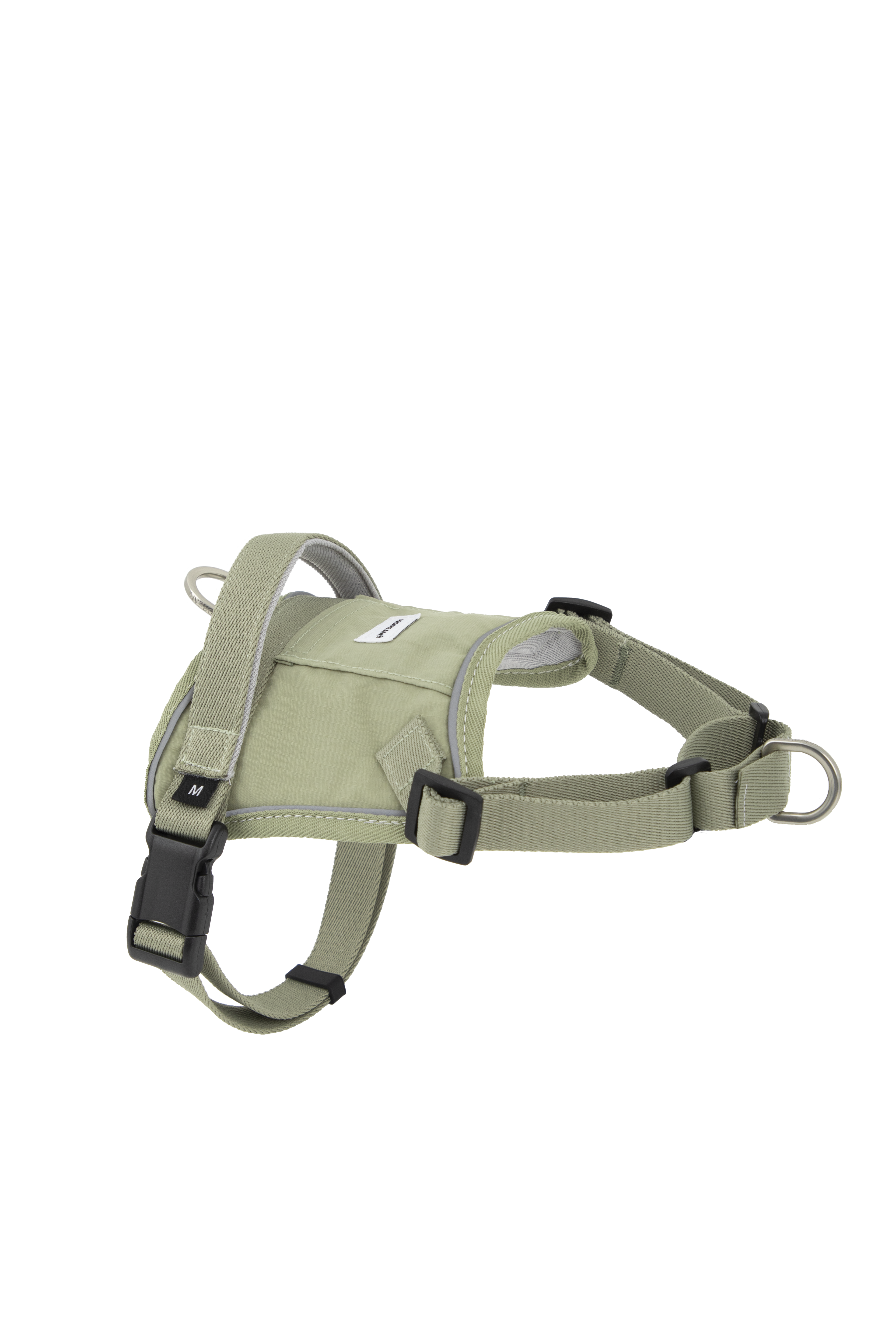 A sage green dog harness with black plastic buckles and silver metal rings, shown on a plain white background.