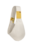 Beige sling bag with yellow accents on a white background
