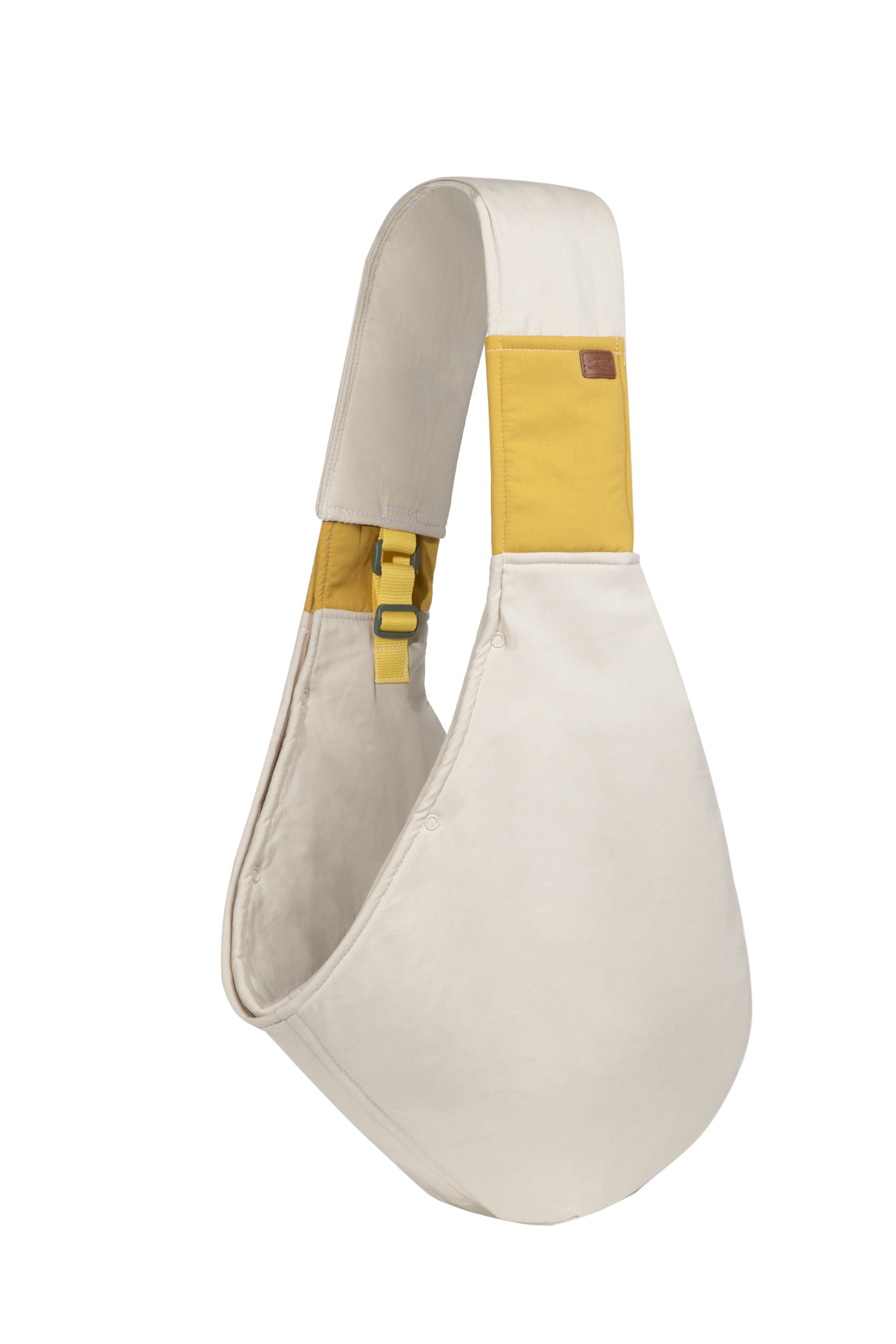 Beige sling bag with yellow accents on a white background