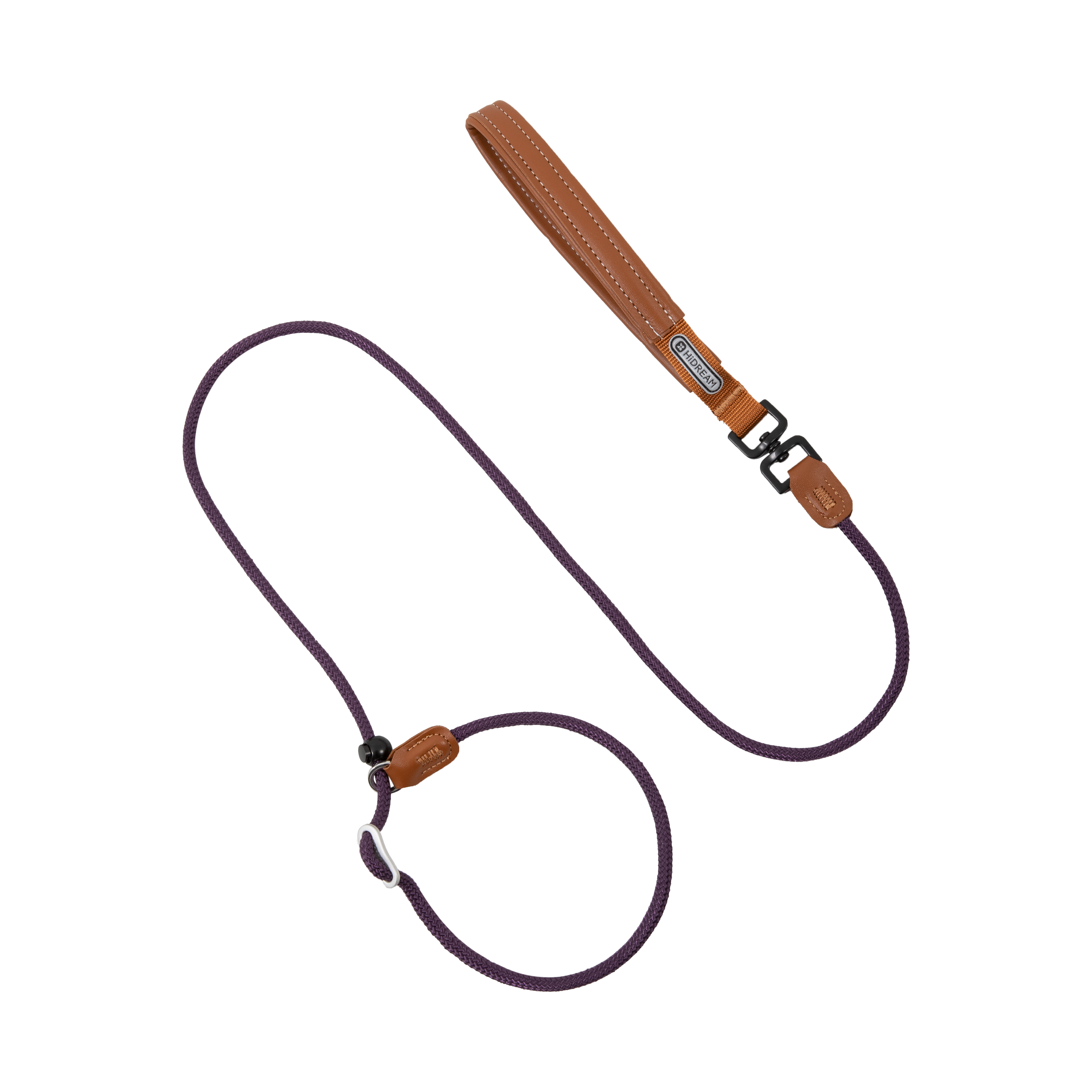 A dog leash with a purple braided rope and tan leather accents, including a handle and loop, shown on a plain white background.