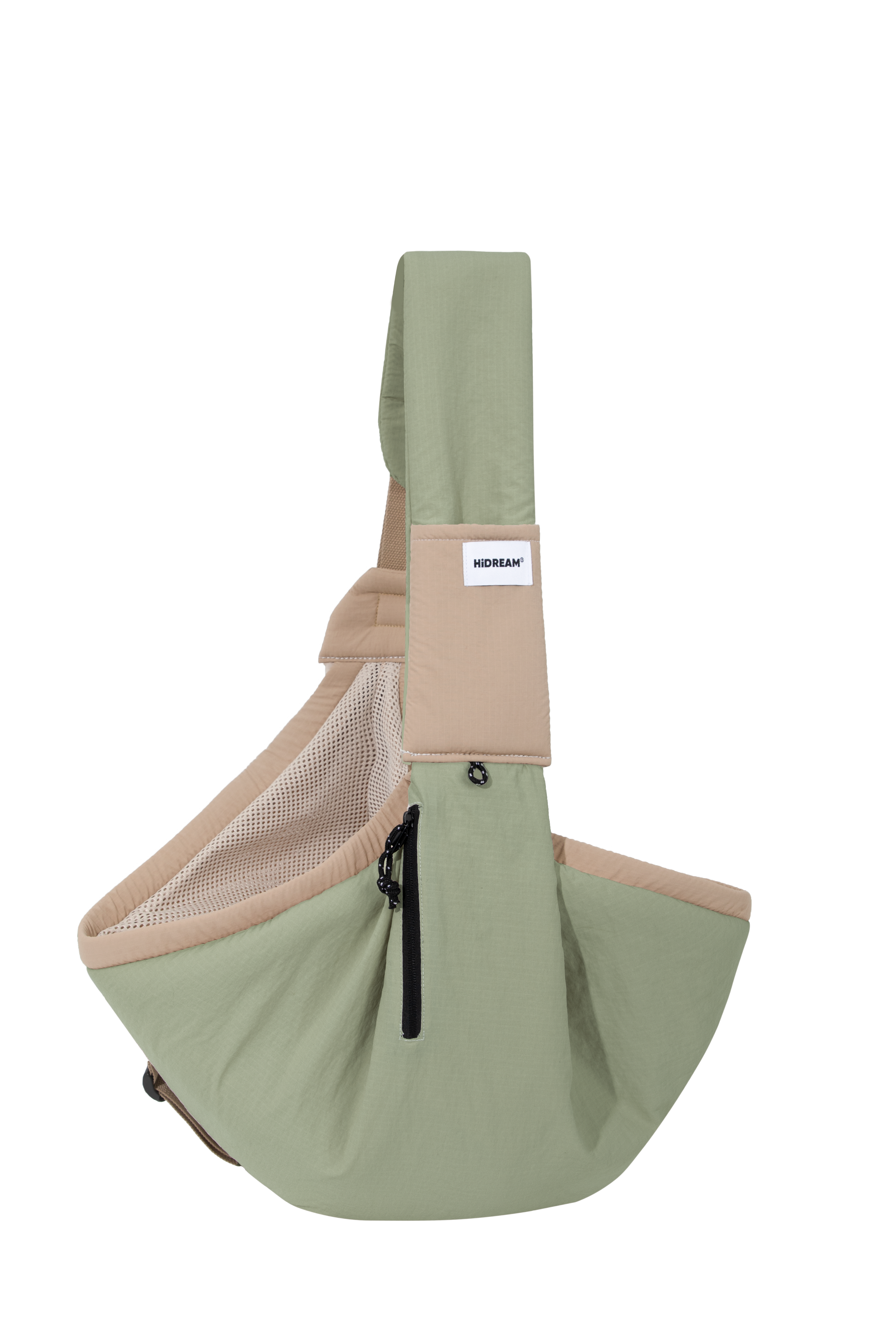 Green pet sling with beige accents on a white background